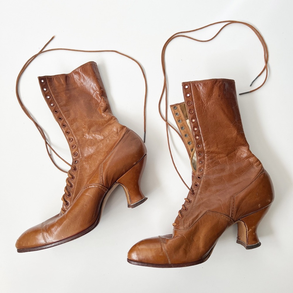 Vintage Victorian Lace Up Boots Brown Leather Edwardian Louis Heel Steampunk